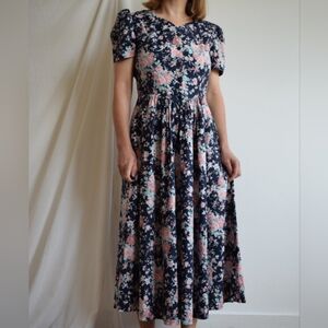 Laura Ashley Navy Floral Midi Dress with Pink Roses